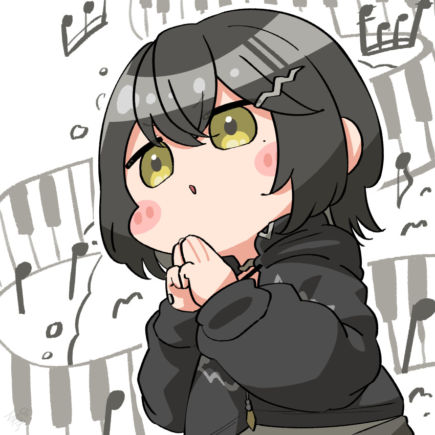 absurdres, blush, chibi, highres, hood, hoodie, instrument, long_hair