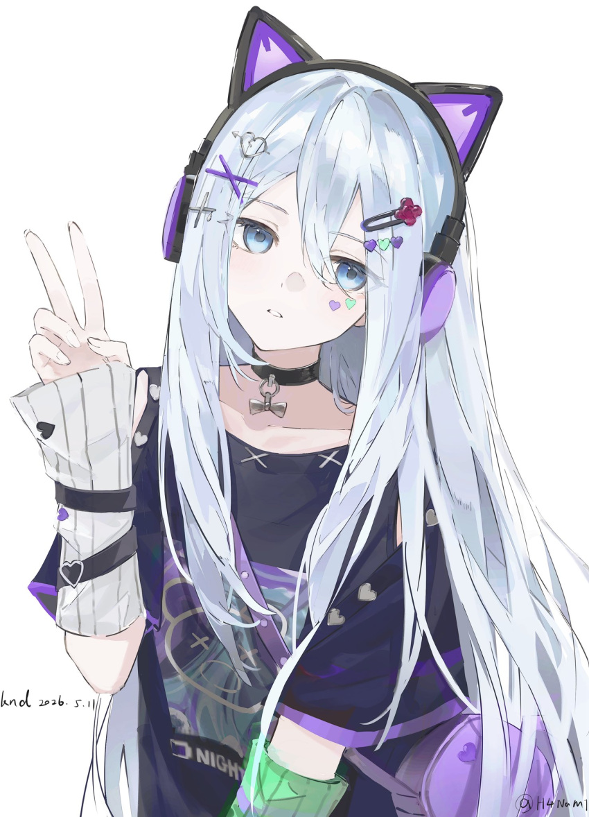 1girl, animal_ear_headphones, animal_ears, arm_warmers, bag, black_choker, black_shirt, blue_eyes