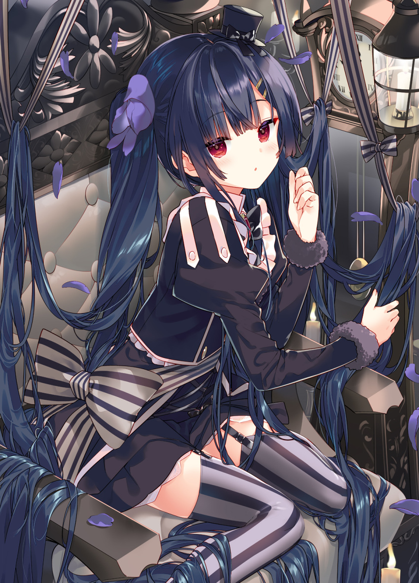 1girl, absurdly_long_hair, arikawa_satoru, armchair, black_dress, black_hair, black_hat, blunt_bangs