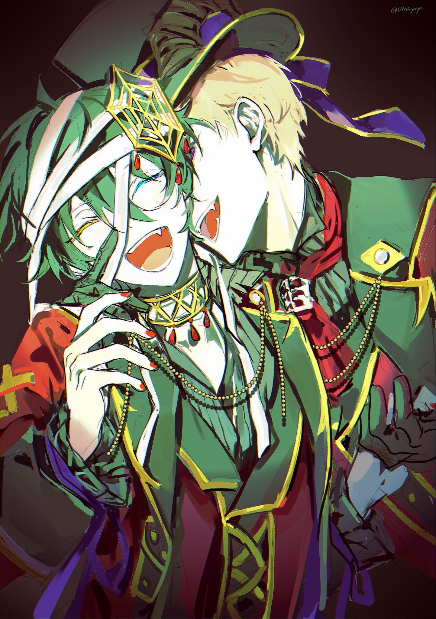 2boys, bandages, black_background, black_gloves, closed_eyes, commentary, ensemble_stars!, fingernails