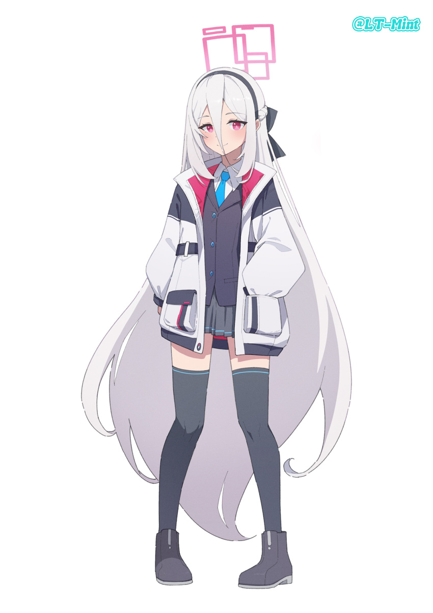1girl, ankle_boots, black_boots, black_hairband, black_skirt, black_thighhighs, blue_archive, blue_necktie