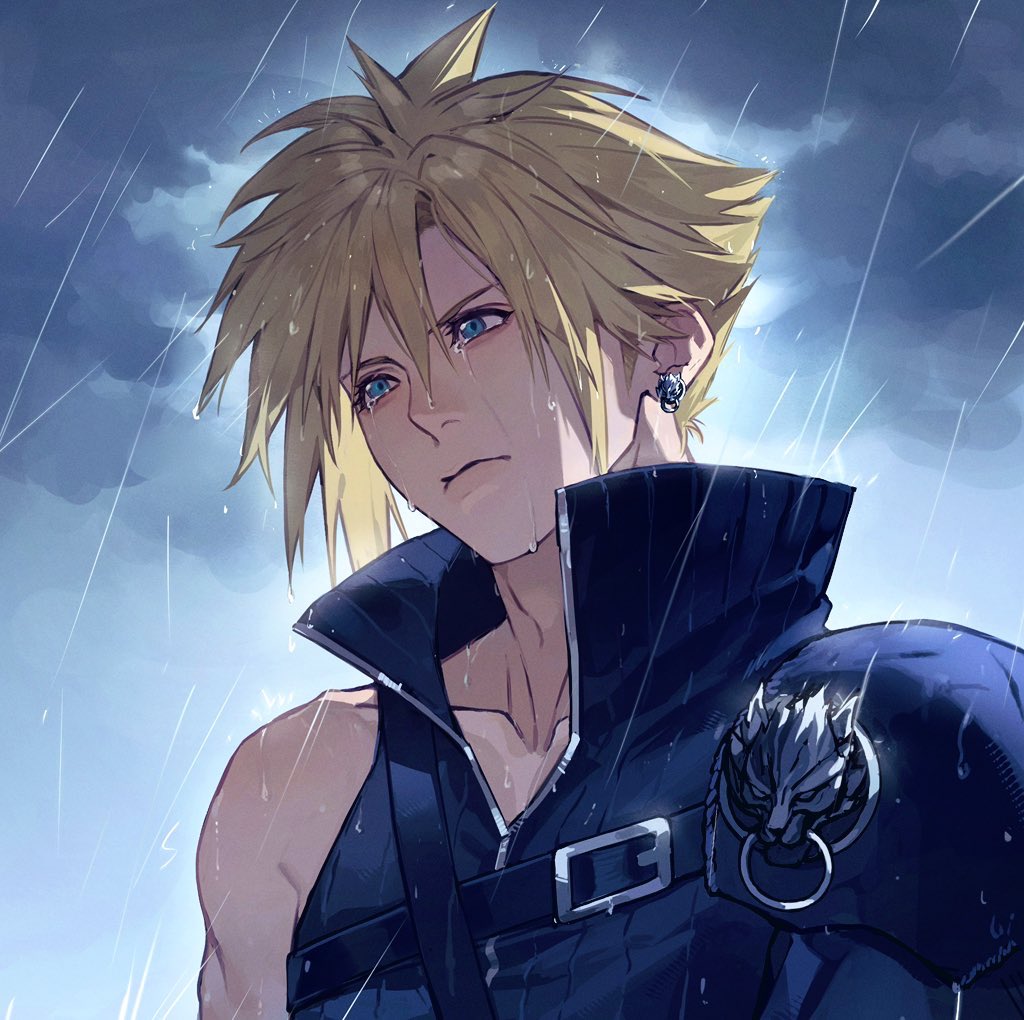 1boy, armor, black_vest, blonde_hair, blue_eyes, cloud_strife, clouds, cloudy_sky