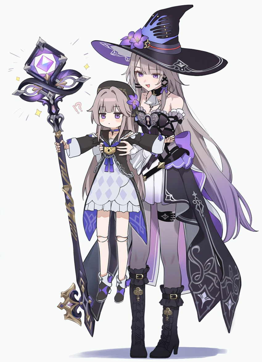 !?, 2girls, armpit_carry, ascot, bare_shoulders, beret, black_dress, black_hat