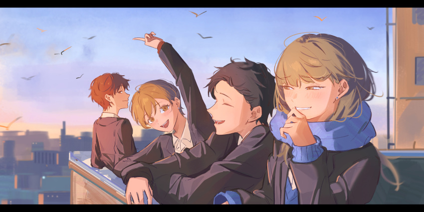 2boys, 2girls, :d, amamiya_minato_(koori_no_jouheki), arm_up, azumi_miki, bird, black_hair