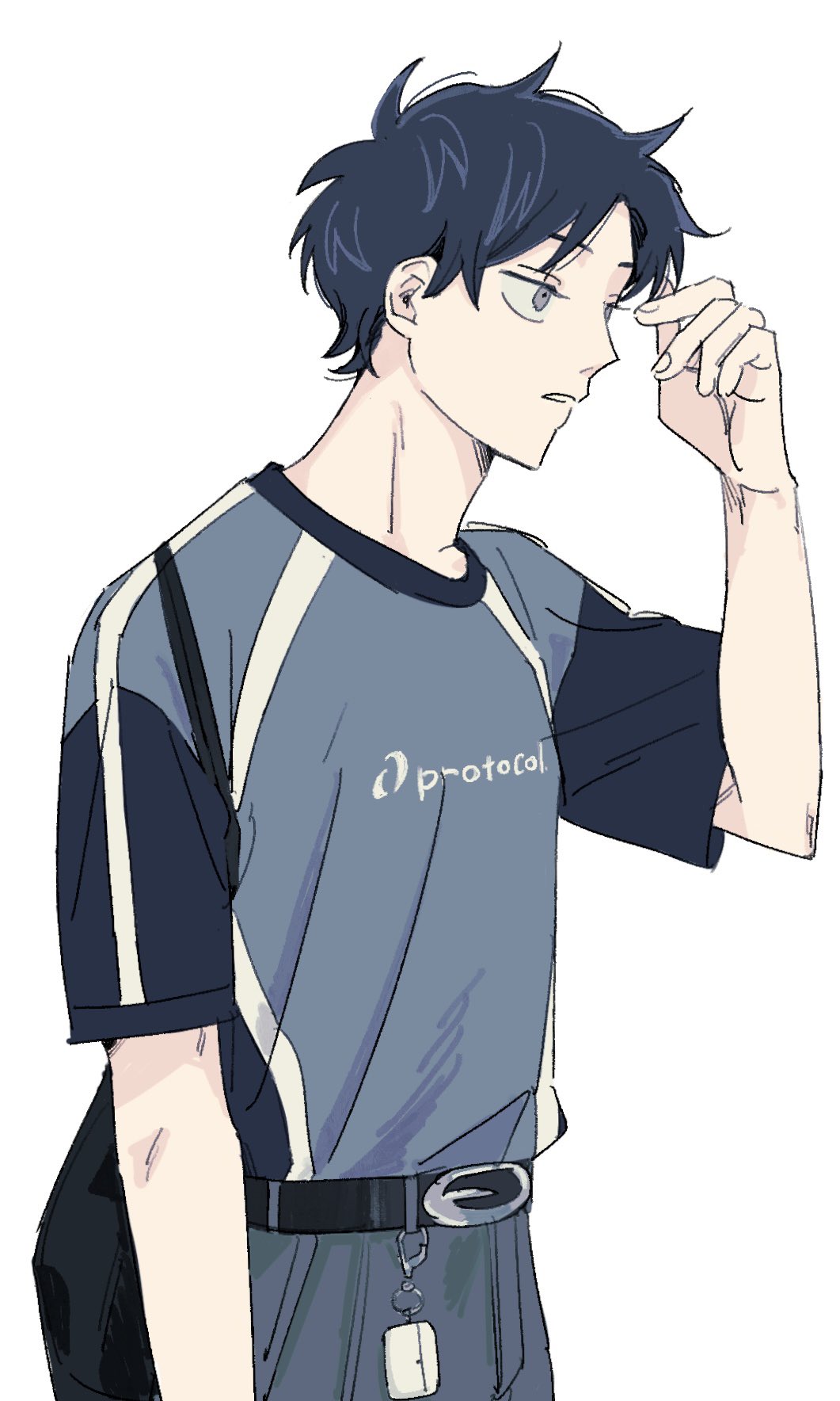 1boy, belt, belt_charm, blue_hair, blue_shirt, charm_(object), clothes_writing, english_text