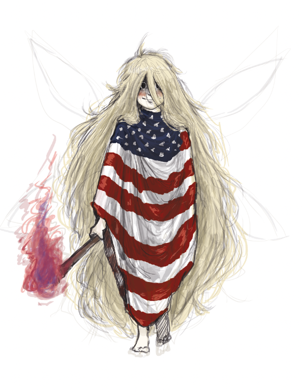 1girl, american_flag, barefoot, black_eyes, blonde_hair, closed_mouth, clownpiece, fairy