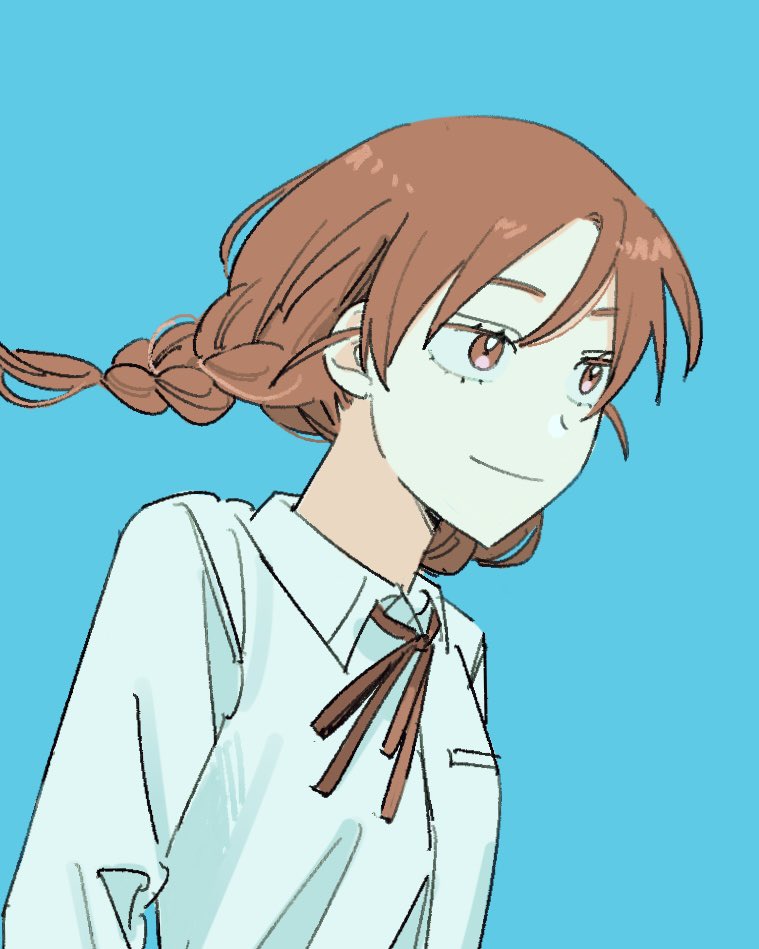 1girl, blue_background, braid, collared_shirt, facing_to_the_side, futsuu_no_keion-bu, light_smile, looking_to_the_side