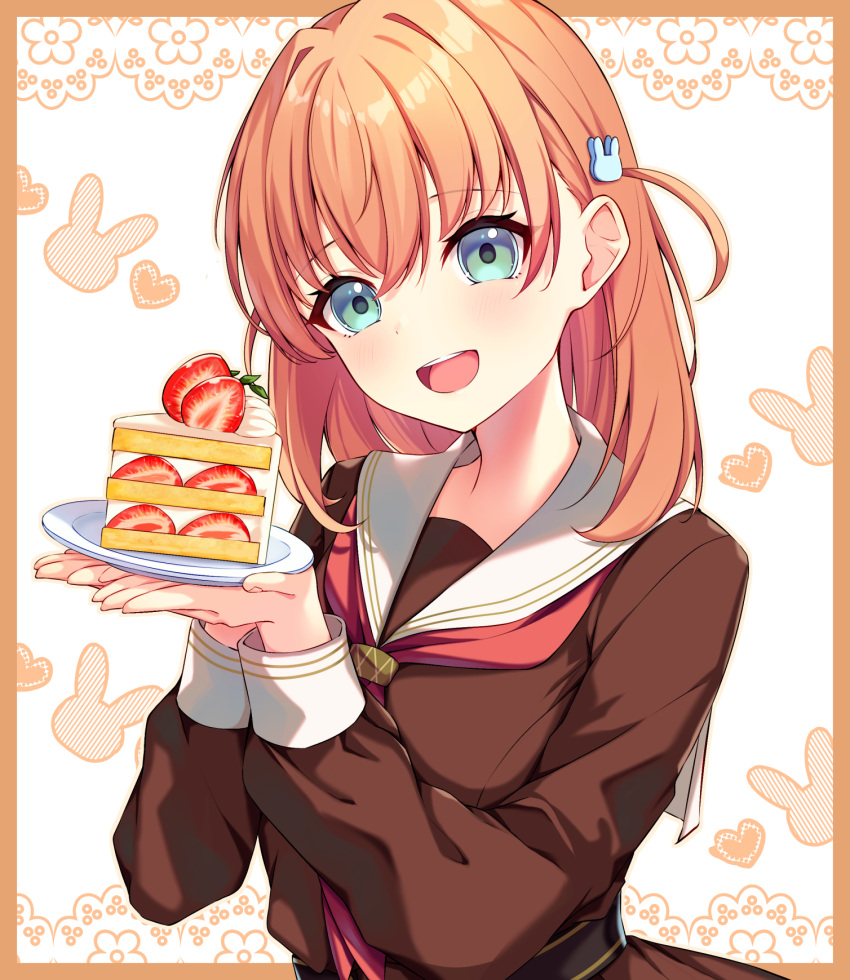 1girl, :d, aqua_eyes, birthday, border, brown_dress, cake, cake_slice
