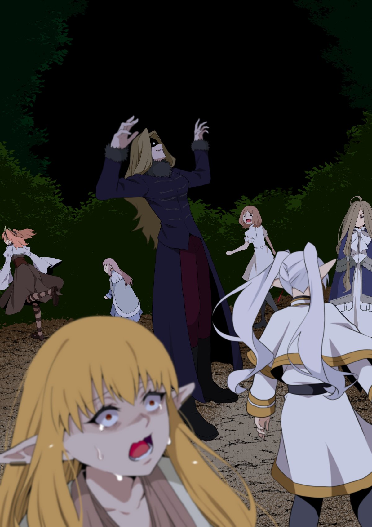 6+girls, arms_up, black_coat, blonde_hair, blue_capelet, blurry, blurry_foreground, brown_hair, capelet, coat, commentary_request, crying, crying_with_eyes_open, demon_girl, demon_horns, dress, edel_(sousou_no_frieren), elf, expressionless, forest, frieren, fur-trimmed_coat, fur-trimmed_collar, fur-trimmed_sleeves, fur_trim, gold_trim, grey_hair, hair_over_one_eye, highres, horns, linie_(sousou_no_frieren), long_hair, long_pointy_ears, long_sleeves, methode_(sousou_no_frieren), multiple_girls, nature, open_mouth, outdoors, parted_lips, pink_hair, pointy_ears, robe, running, sense_(sousou_no_frieren), serie_(sousou_no_frieren), shaded_face, sousou_no_frieren, sword_village_chief_(sousou_no_frieren), tears, twintails, very_long_hair, white_capelet, white_dress, white_robe, wide-eyed, yasehattagi