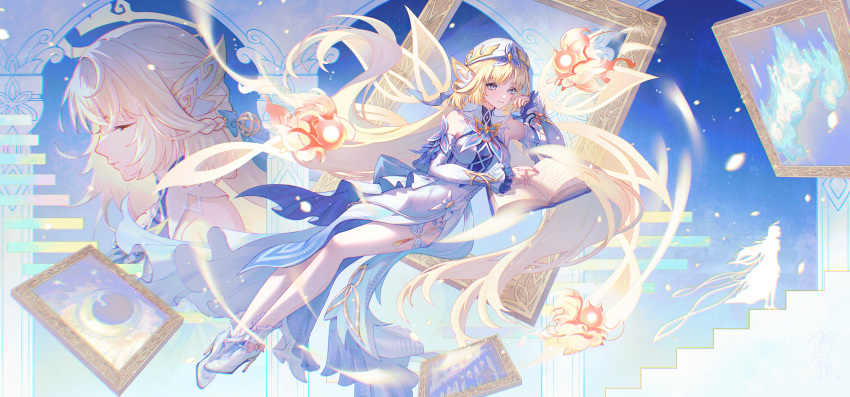 1girl, absurdres, aqinorz, bare_shoulders, beret, blonde_hair, blue_dress, blue_eyes, book, closed_eyes, closed_mouth, detached_sleeves, dress, full_body, genshin_impact, hand_on_own_cheek, hand_on_own_face, hat, high_heels, highres, long_hair, long_sleeves, lying, nicole_(genshin_impact), pantyhose, picture_frame, pillar, pointy_ears, projected_inset, seelie_(genshin_impact), smile, solo, stairs, very_long_hair, white_dress, white_hat, white_pantyhose, white_sleeves
