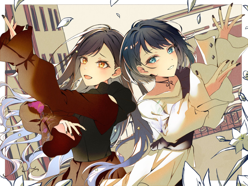 2girls, :d, alternate_costume, april_fools, awanoo, black_hair, black_nails, black_ribbon, blue_eyes, blue_hair, blush, building, charles_(vocaloid), collarbone, commentary, cosplay, dot_nose, dress, falling_petals, floral_print, floral_print_dress, gradient_hair, hair_behind_ear, hair_ornament, hands_up, highres, hinomori_shiho, hinomori_shiho_(cosplay), kiritani_haruka, long_hair, long_sleeves, looking_at_viewer, multicolored_hair, multiple_girls, nail_polish, neck_ribbon, omoi_wo_nosete!_dream_stage_(project_sekai), open_mouth, orange_hair, petals, print_dress, project_sekai, red_dress, ribbon, shiraishi_an, short_hair, single_sidelock, sleeves_past_wrists, smile, star_(symbol), star_hair_ornament, swept_bangs, upper_body, very_long_hair, white_dress, white_petals