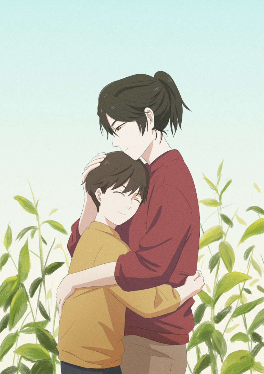 2girls, black_hair, brown_eyes, brown_hair, brown_pants, day, family, highres