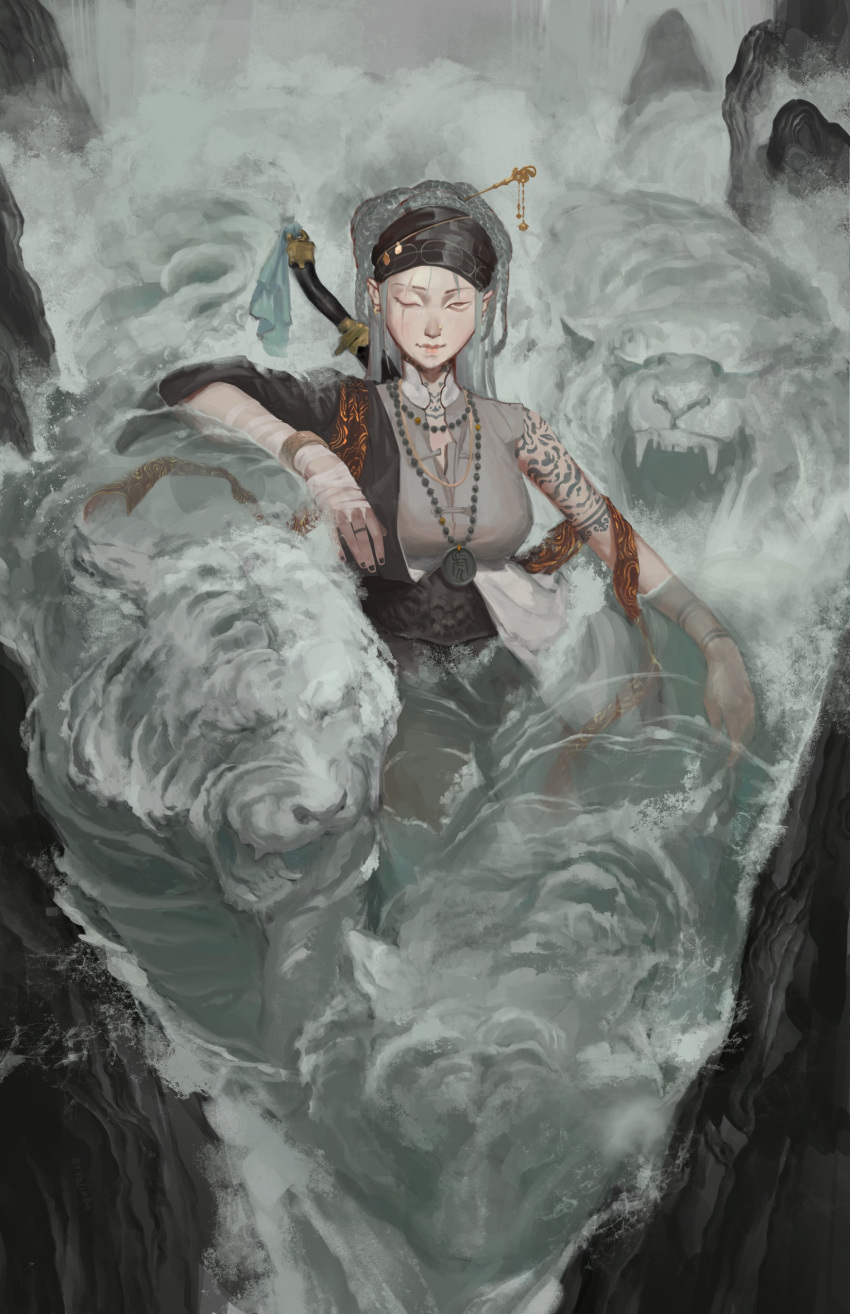 1girl, absurdres, arm_tattoo, braid, chinese_zodiac, earrings, eyyojimbo, face_piercing