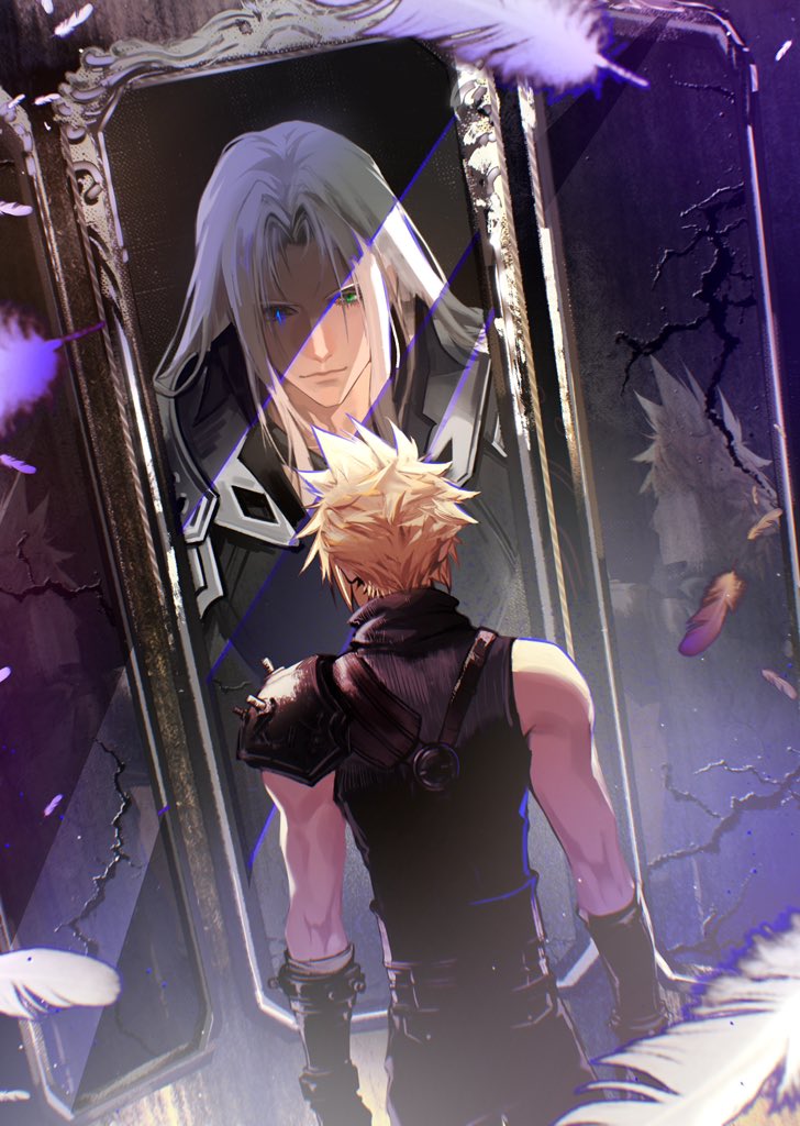 2boys, armor, black_coat, black_gloves, black_pants, blonde_hair, cloud_strife, coat