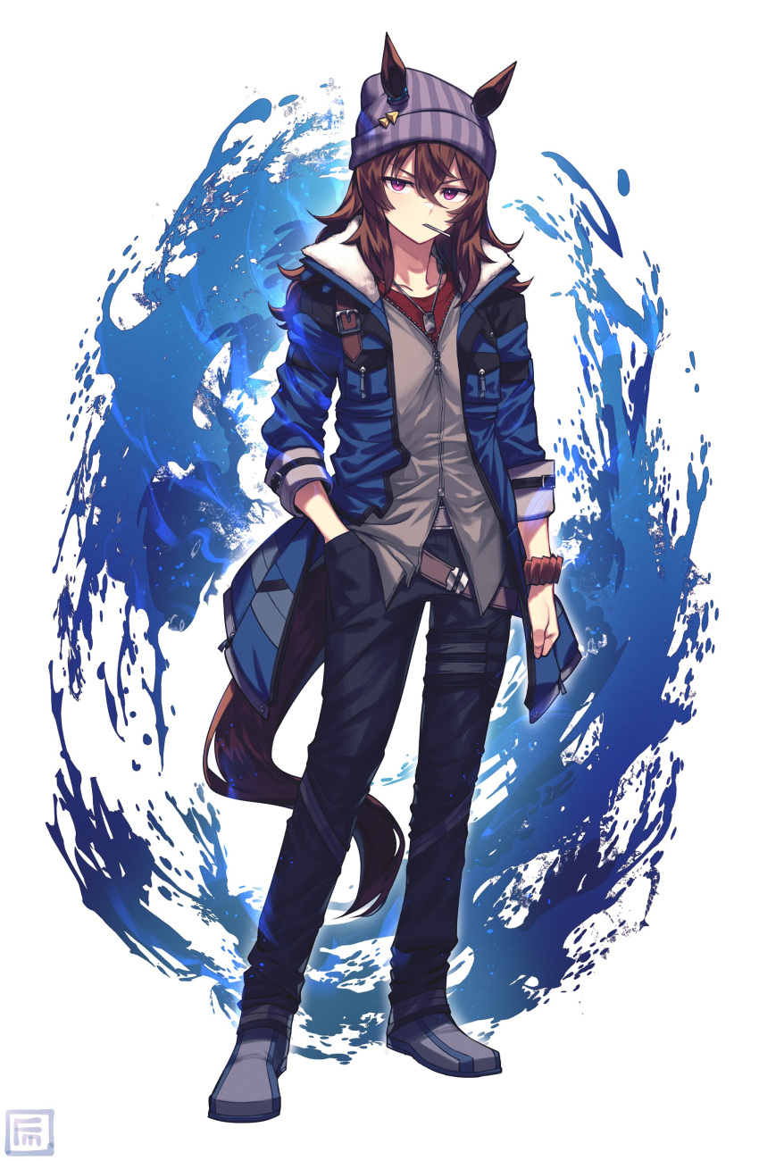 1girl, absurdres, animal_ears, beanie, black_pants, blue_jacket, brown_hair, candy