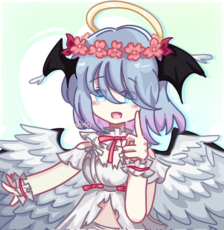 1girl, black_souls, black_souls_2, blue_eyes, blue_hair, blush, bow, demon_wings, dress, fang, faydee, feathered_wings, gradient_background, gradient_hair, green_background, hair_over_eyes, halo, hand_up, head_wings, head_wreath, heart, heart-shaped_pupils, highres, lingeriena_(black_souls), looking_at_viewer, multicolored_hair, open_mouth, pink_hair, pointing, pointing_up, red_bow, red_ribbon, ribbon, shirt, short_hair, sidelocks, solo, symbol-shaped_pupils, white_bow, white_dress, white_wrist_cuffs, wings, wrist_cuffs