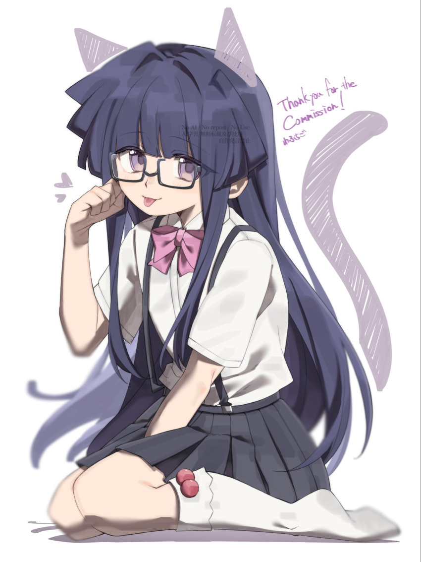10_10_wafu, 1girl, animal_ears, bespectacled, black_skirt, blue_hair, blunt_bangs, bow, bowtie, cat_ears, cat_girl, cat_tail, commission, english_text, fake_animal_ears, fake_tail, furude_rika, glasses, hand_on_own_cheek, hand_on_own_face, heart, highres, higurashi_no_naku_koro_ni, long_hair, looking_at_viewer, no_shoes, pink_bow, pink_bowtie, pink_eyes, pleated_skirt, school_uniform, shirt, sitting, skirt, smile, socks, solo, spoken_heart, st._lucia_academy_school_uniform, suspender_skirt, suspenders, tail, tongue, tongue_out, wariza, white_background, white_shirt