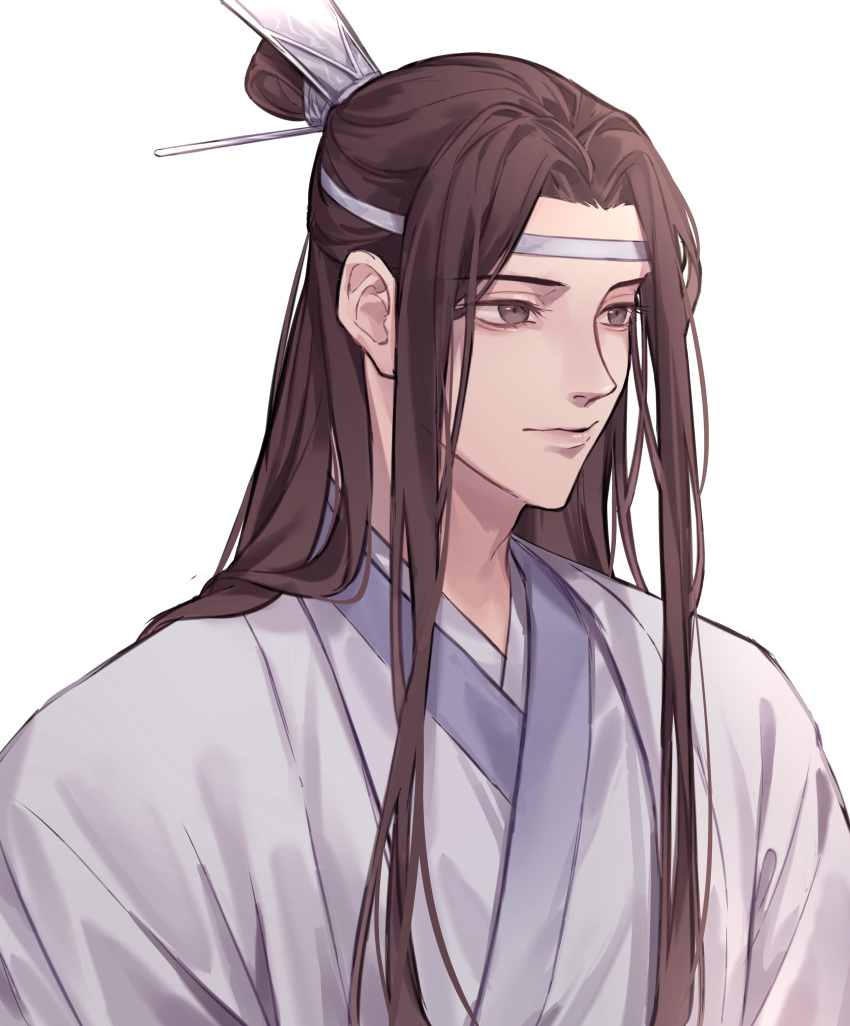1boy, absurdres, brown_eyes, brown_hair, chinese_clothes, closed_mouth, grandmaster_of_demonic_cultivation, half_updo
