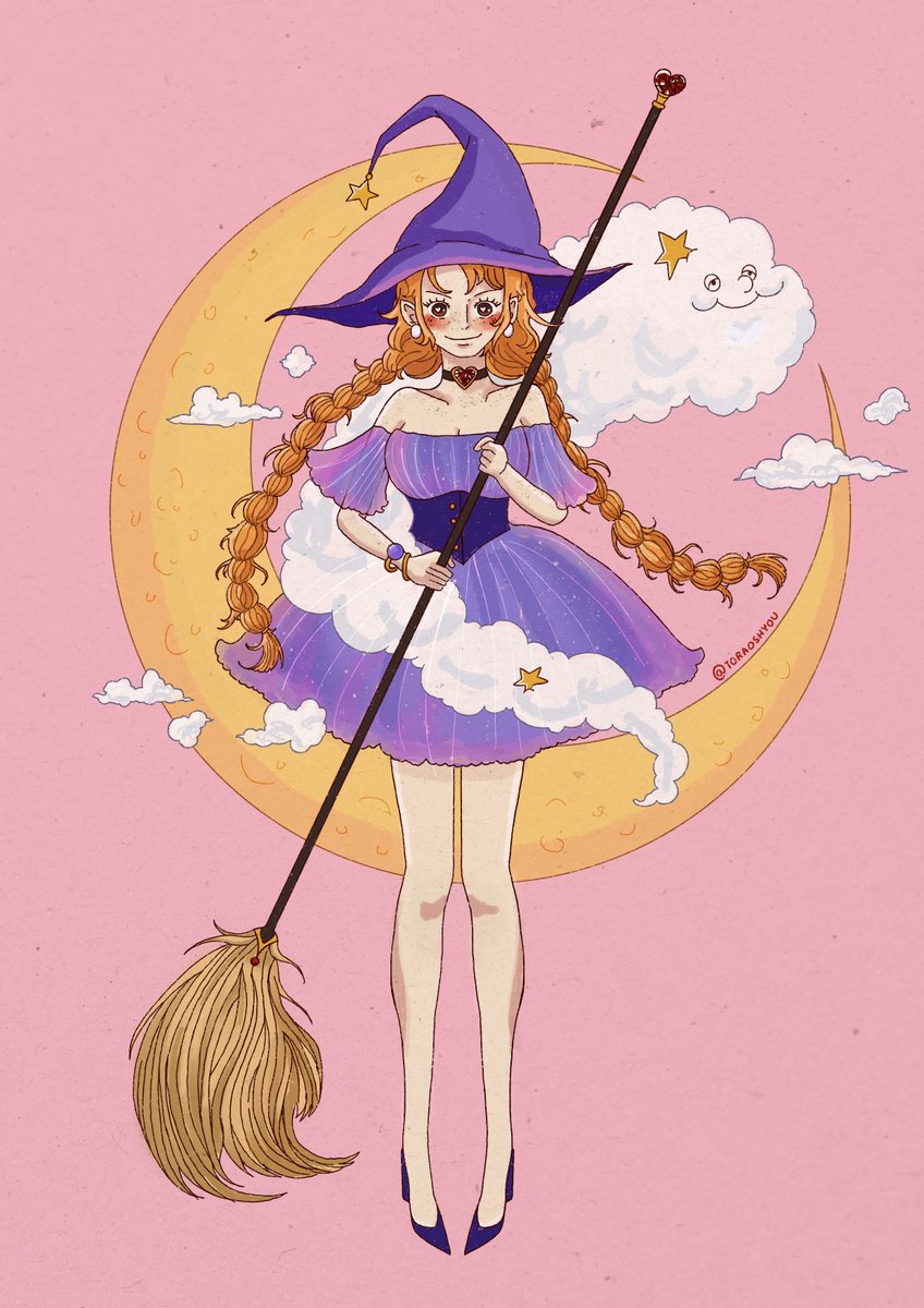 1girl, bare_shoulders, bracelet, braid, braided_twintails, broom, chocolat_meilleure, chocolat_meilleure_(cosplay), choker, closed_mouth, clouds, commentary, cosplay, dress, earrings, eyelashes, freckles, full_body, hat, highres, holding, holding_broom, jewelry, moon, nami_(one_piece), one_piece, pearl_earrings, pink_background, purple_dress, purple_hat, smile, solo, sugar_sugar_rune, toraoshyou, witch_hat, zeus_(one_piece)