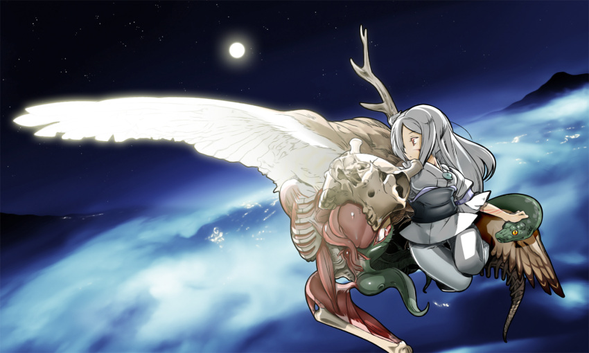 clouds, echizenya_tawara_no_kai_norihiko, flying, long_hair, monster, moon, sky, white_hair