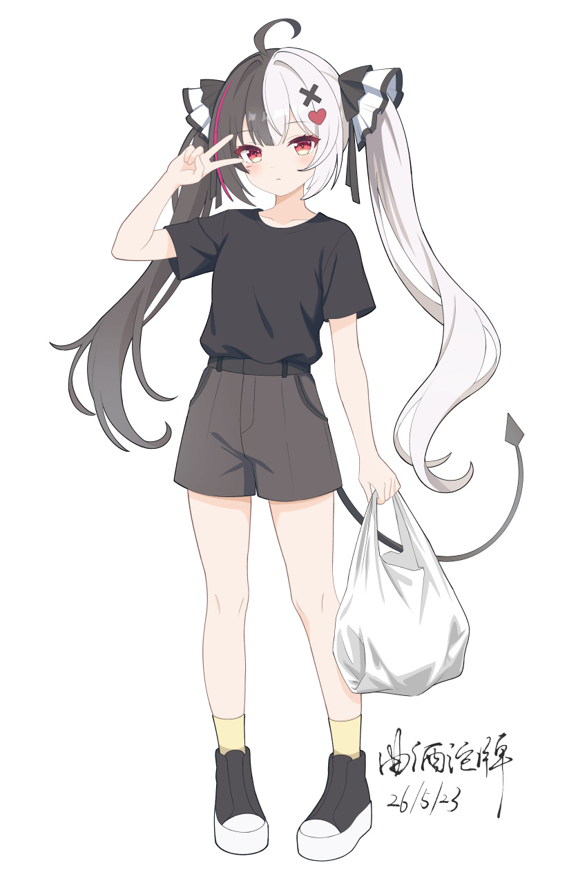 1girl, absurdres, ahoge, alternate_costume, bag, black_hair, black_shirt, black_shoes