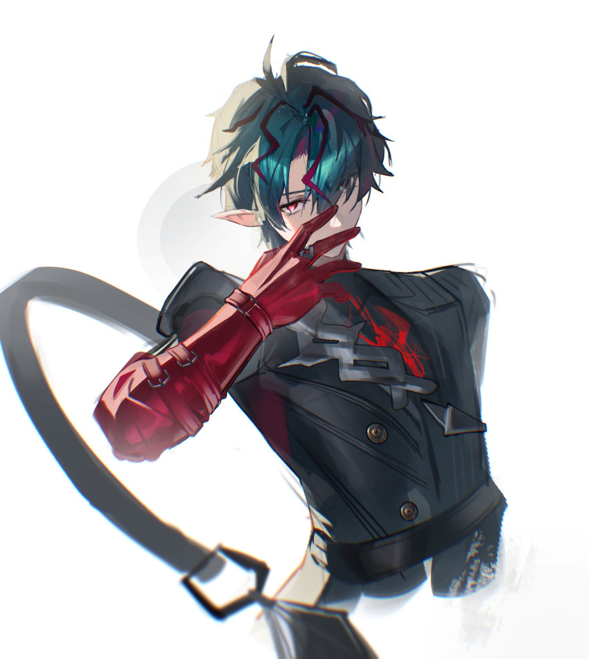 1boy, arknights, arknights:_endfield, black_jacket, camille_(arknights), chromatic_aberration, commentary_request, cropped_torso