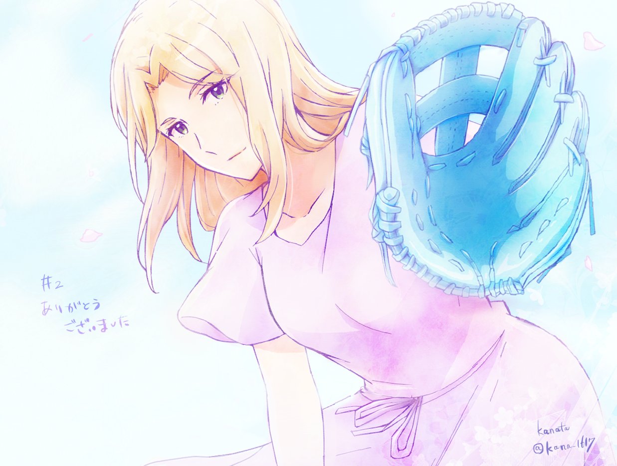 1girl, artist_collaboration, baseball_mitt, blonde_hair, closed_mouth, commentary_request, crayonpas1, dress, kana_1617, long_hair, major_2nd, petals, pink_dress, pink_petals, sawa_yayoi, short_sleeves, solo, translation_request, twitter_username