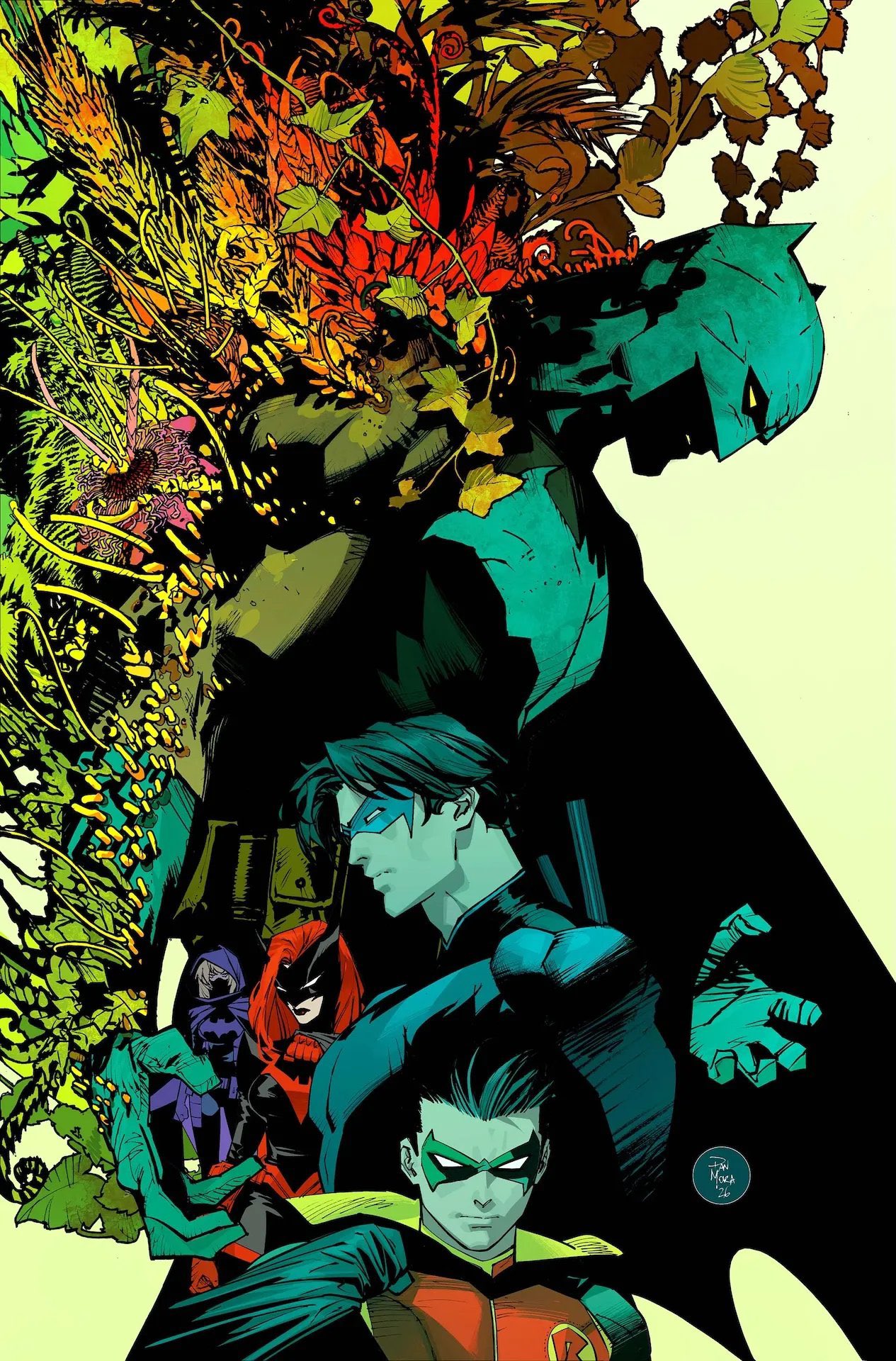 bat_mask, batgirl, batgirl_costume_(2021_stephanie), batman, batman_(series), batman_symbol, batwoman, belt, black_cape, bodysuit, cape, damian_wayne, dan_mora, dc_comics, dick_grayson, domino_mask, eye_mask, grey_bodysuit, highres, mask, multicolored_bodysuit, nightwing, robin_(dc), stephanie_brown, superhero_costume, taut_bodysuit, two-tone_bodysuit, utility_belt
