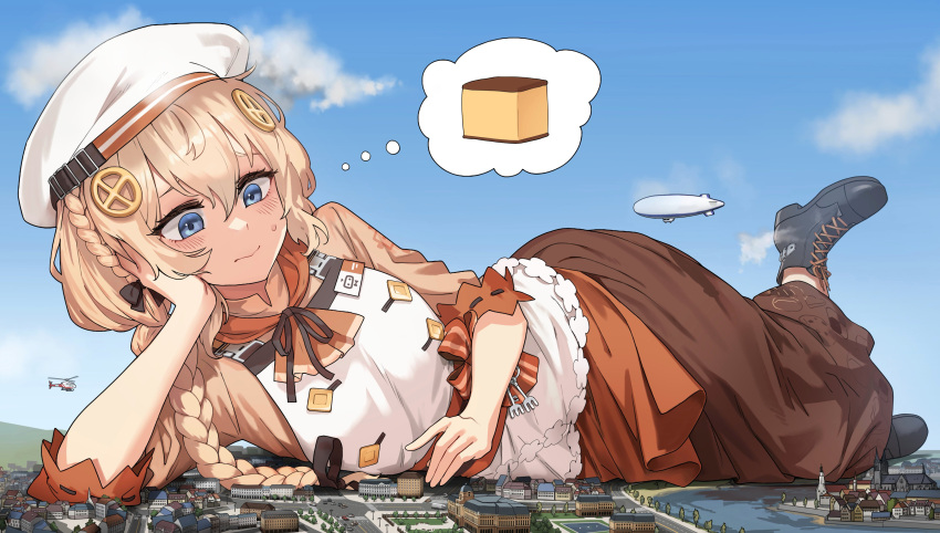 1girl, absurdres, aircraft, apron, ascot, beret, blonde_hair, blue_eyes