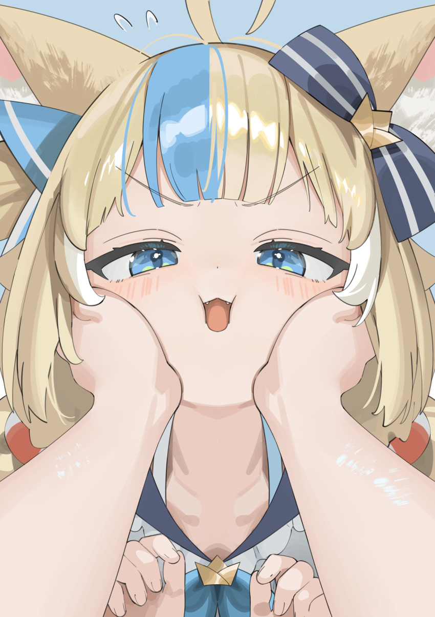 1girl, 1other, :3, ahoge, animal_ear_fluff, animal_ears, annoyed, bikini