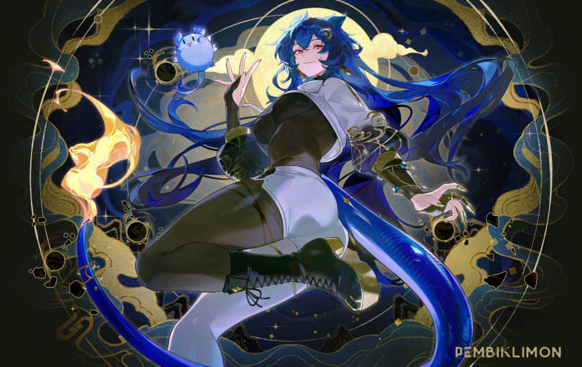 1girl, absurdres, black_boots, black_bra, black_bridal_gauntlets, blue_hair, blue_tail, bodysuit