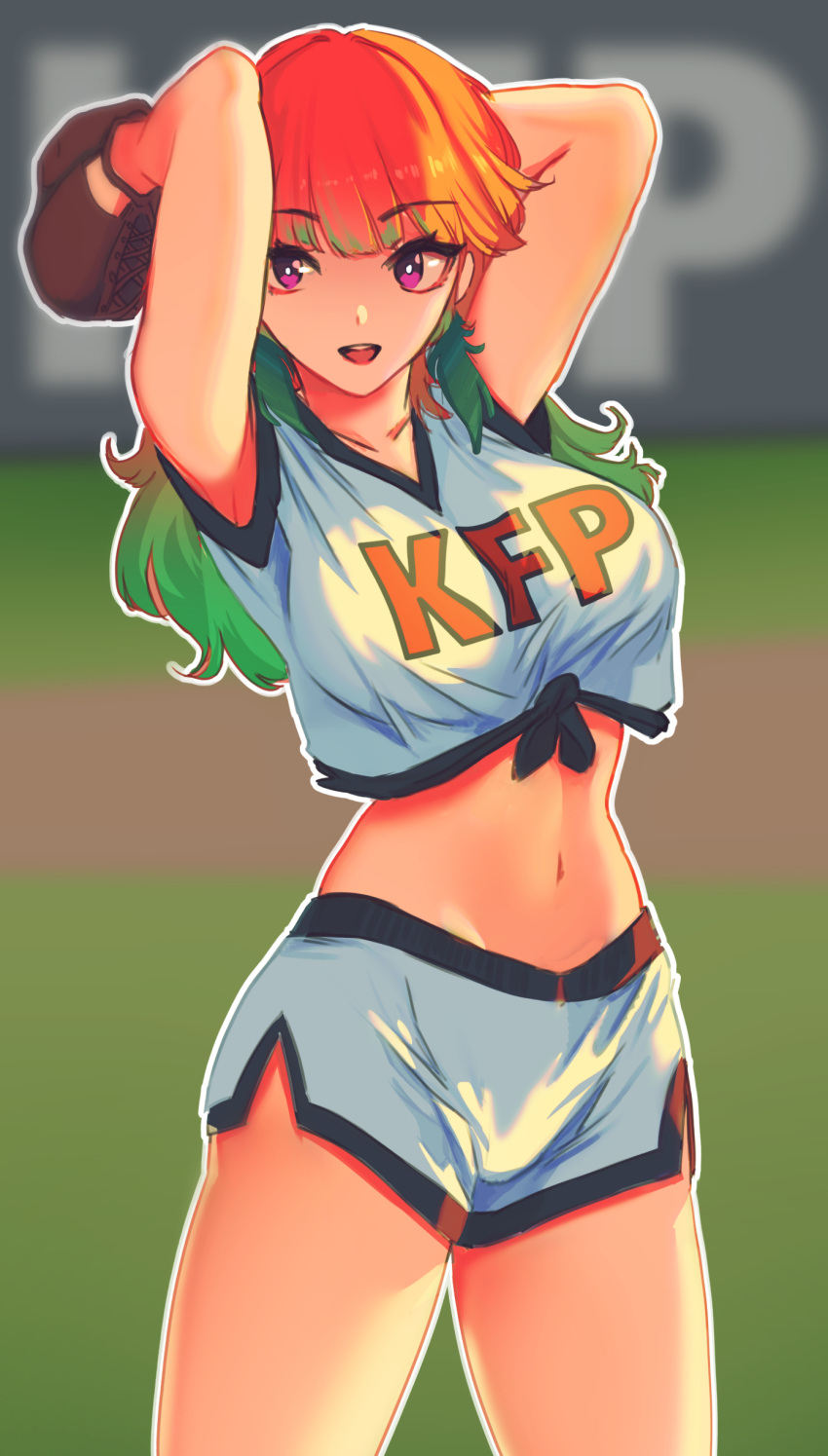 1girl, absurdres, alternate_costume, arms_up, baseball_uniform, earrings, eden_exile, feather_earrings