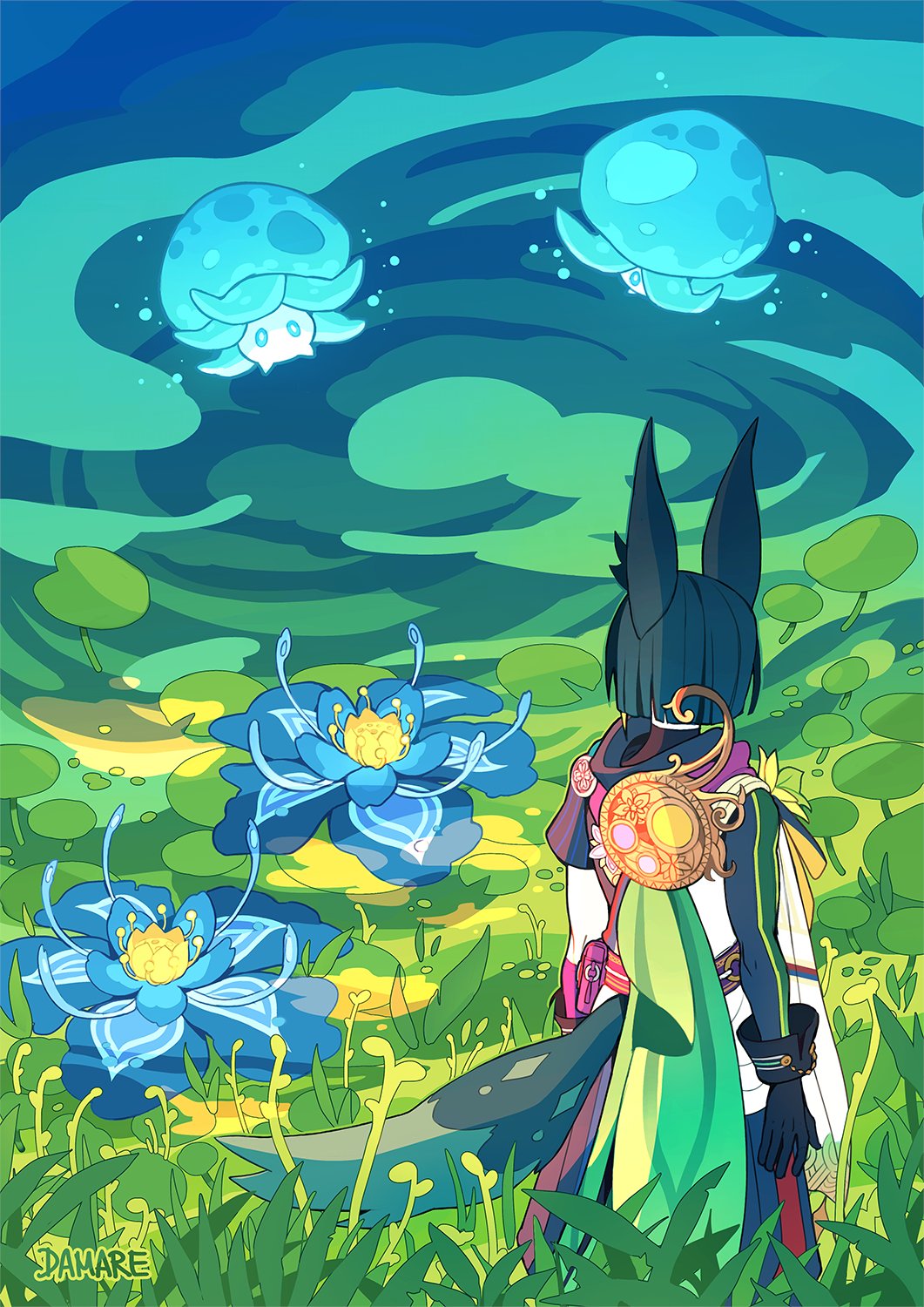 1boy, animal_ears, arms_at_sides, artist_name, asymmetrical_sleeves, black_gloves, black_hair, blue_flower, commentary, damaredraws, flower, fox_boy, fox_ears, fox_tail, from_behind, fungi_(genshin_impact), genshin_impact, gloves, highres, hood, hood_down, kalpalata_lotus, long_sleeves, looking_to_the_side, male_focus, medium_hair, short_sleeves, solo, tail, tighnari_(genshin_impact), uneven_sleeves, water