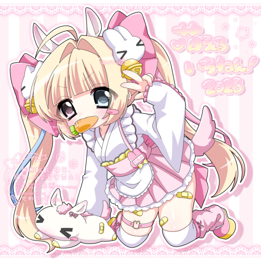 >_<, 1girl, 2000s_(style), 2026, :3, absurdres, ahoge, animal, animal_hair_ornament, bandaid, bandaid_on_leg, bell, blonde_hair, blue_eyes, blush, blush_stickers, carrot, commentary_request, dated, dress, food, food_in_mouth, frilled_skirt, frilled_sleeves, frills, fruit, hair_ornament, happy_new_year, heterochromia, highres, kamaboko, leg_warmers, long_hair, long_sleeves, moe_(phrase), narutomaki, original, pink_background, pink_eyes, pink_leg_warmers, pink_ribbon, pink_sandals, pink_skirt, rabbit_hair_ornament, ribbon, sandals, selenium, single_blush_sticker, skindentation, skirt, strawberry, striped_background, thigh-highs, translation_request, twin_tail_(ultra_series), twintails, two-tone_background, unicorn, unicorn_girl, v-shaped_eyebrows, vegetable, white_background, white_dress, white_thighhighs