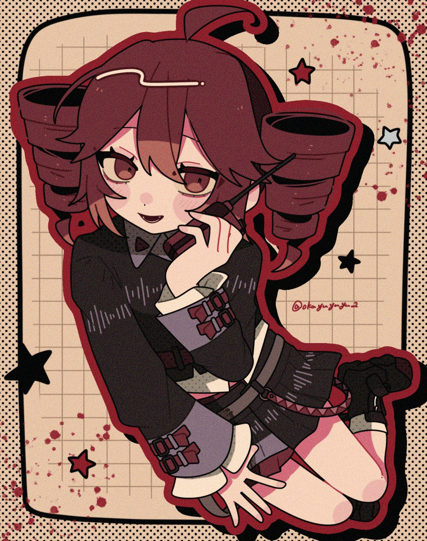 1girl, :d, ahoge, black_boots, black_shirt, black_skirt, blush_stickers, boots