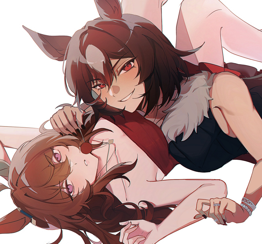 2girls, absurdres, animal_ears, blush, breasts, brown_hair, candy, dress