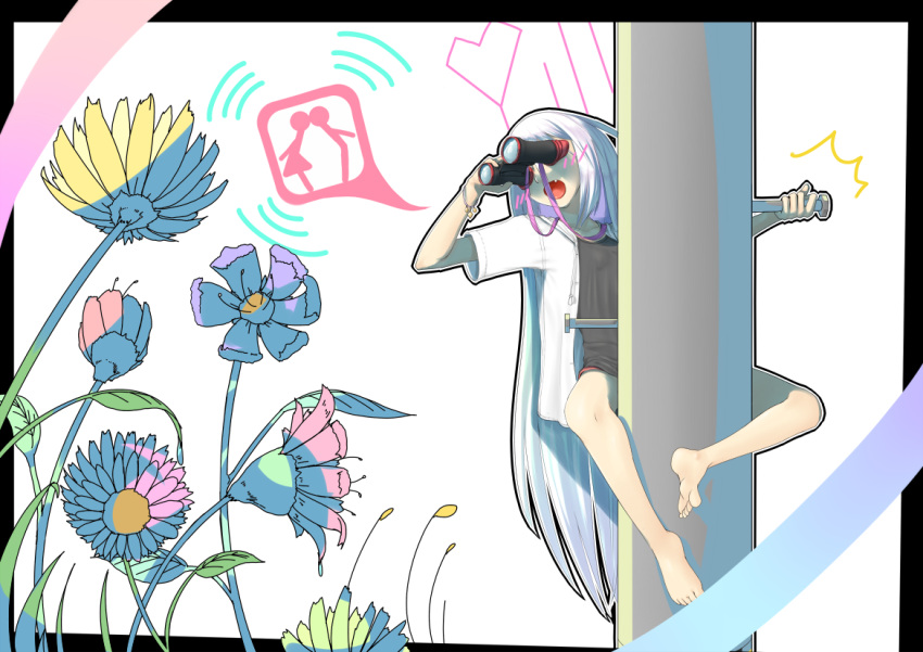 binoculars, blush, flower, heart, kiss, long_hair, mossari_poteto, open_mouth
