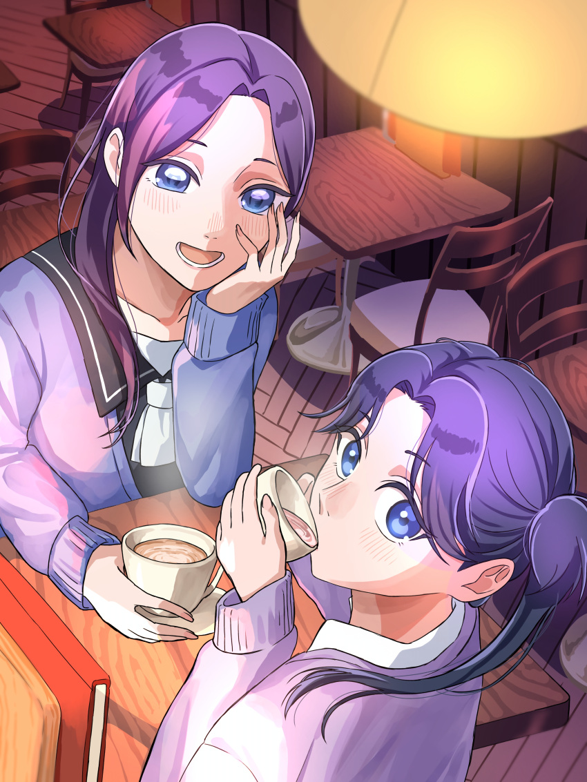 2girls, :d, absurdres, ao_no_hako, blue_eyes, cup, drink, highres