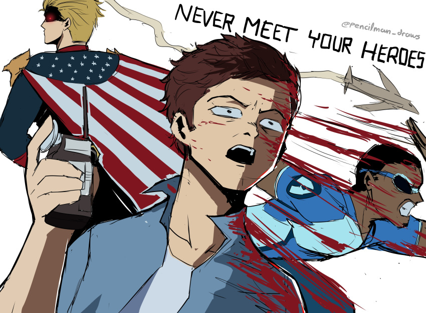3boys, a-train_(the_boys), american_flag, blood, blue_bodysuit, bodysuit, highres, homelander
