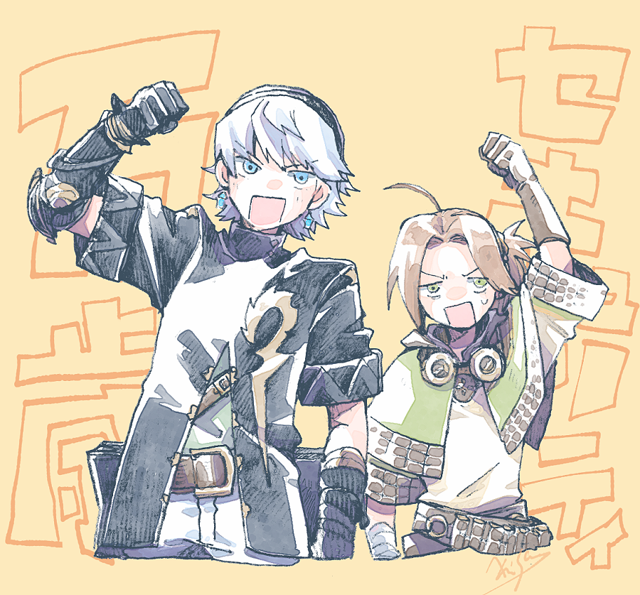 2boys, ahoge, artist_name, black_gloves, black_hairband, black_jacket, blue_eyes, brown_hair