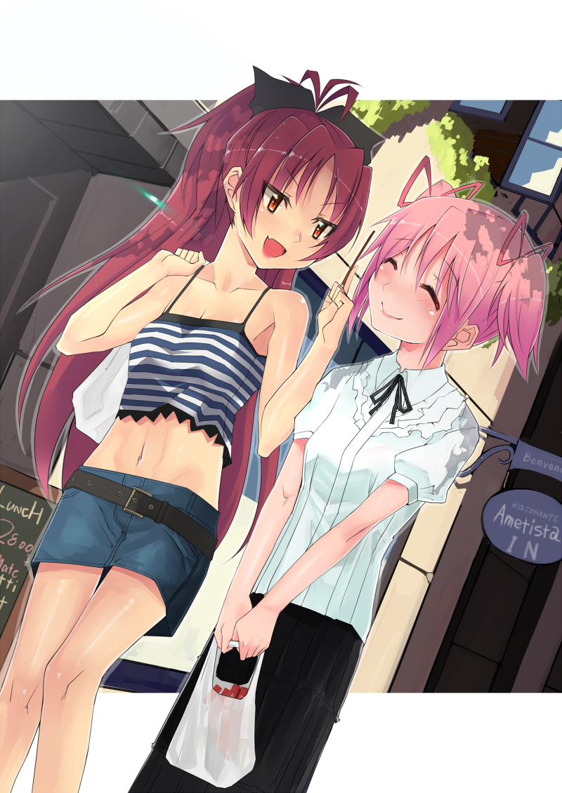 :d, bare_shoulders, belt, casual, closed_eyes, collarbone, eyes_closed, fang