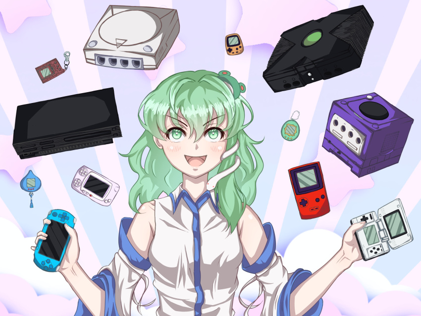 1girl, :d, absurdres, blush, collared_shirt, commentary_request, detached_sleeves, frog_hair_ornament