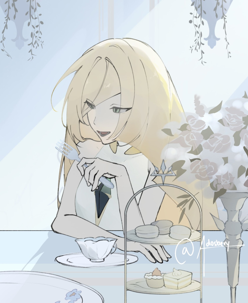 1girl, blu_(adosbery), diamond_(shape), gem, green_eyes, green_gem, hair_over_one_eye, highres