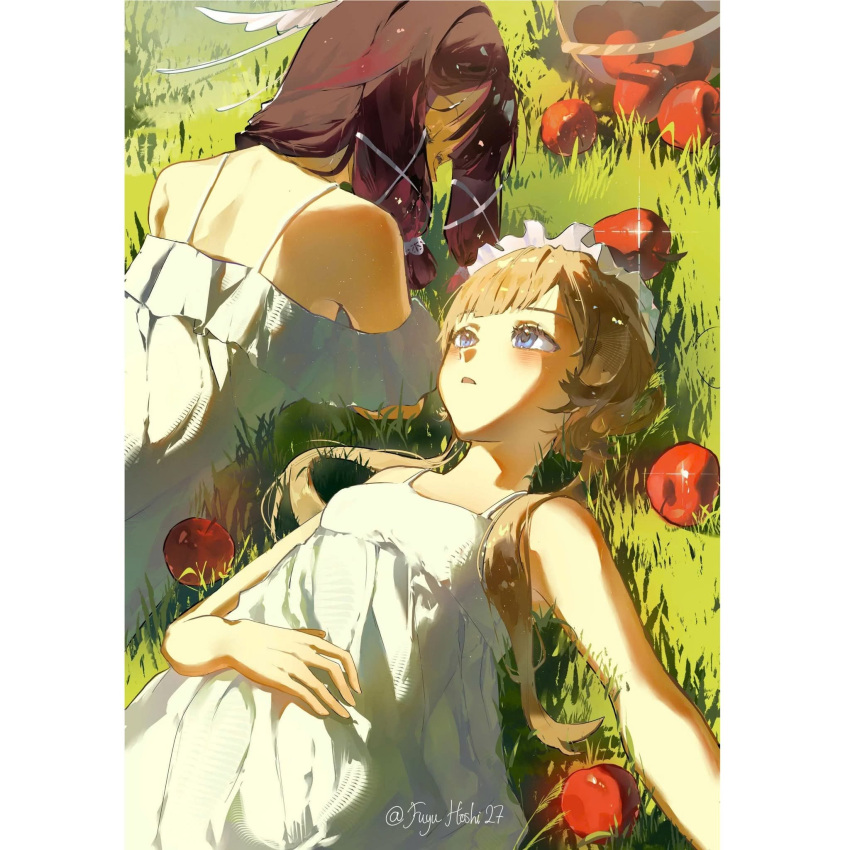 2girls, alternate_costume, apple, blue_eyes, blush, brown_hair, closed_eyes, columbina_(genshin_impact)