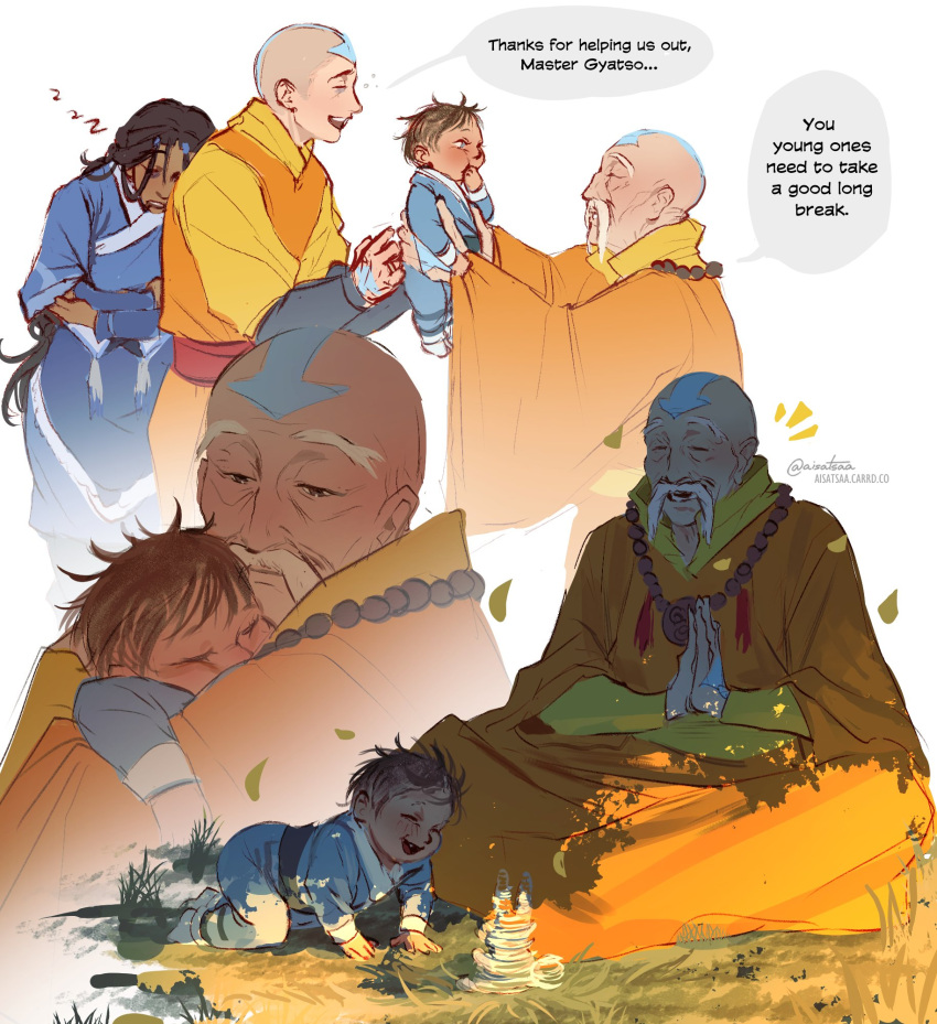 1girl, 3boys, aang, aisatsaa, arrow_(symbol), arrow_tattoo, avatar:_the_last_airbender, avatar_legends