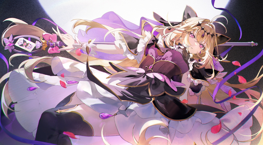 1girl, :o, absurdres, amano_(amn_amn), antenna_hair, black_capelet, black_thighhighs, blonde_hair