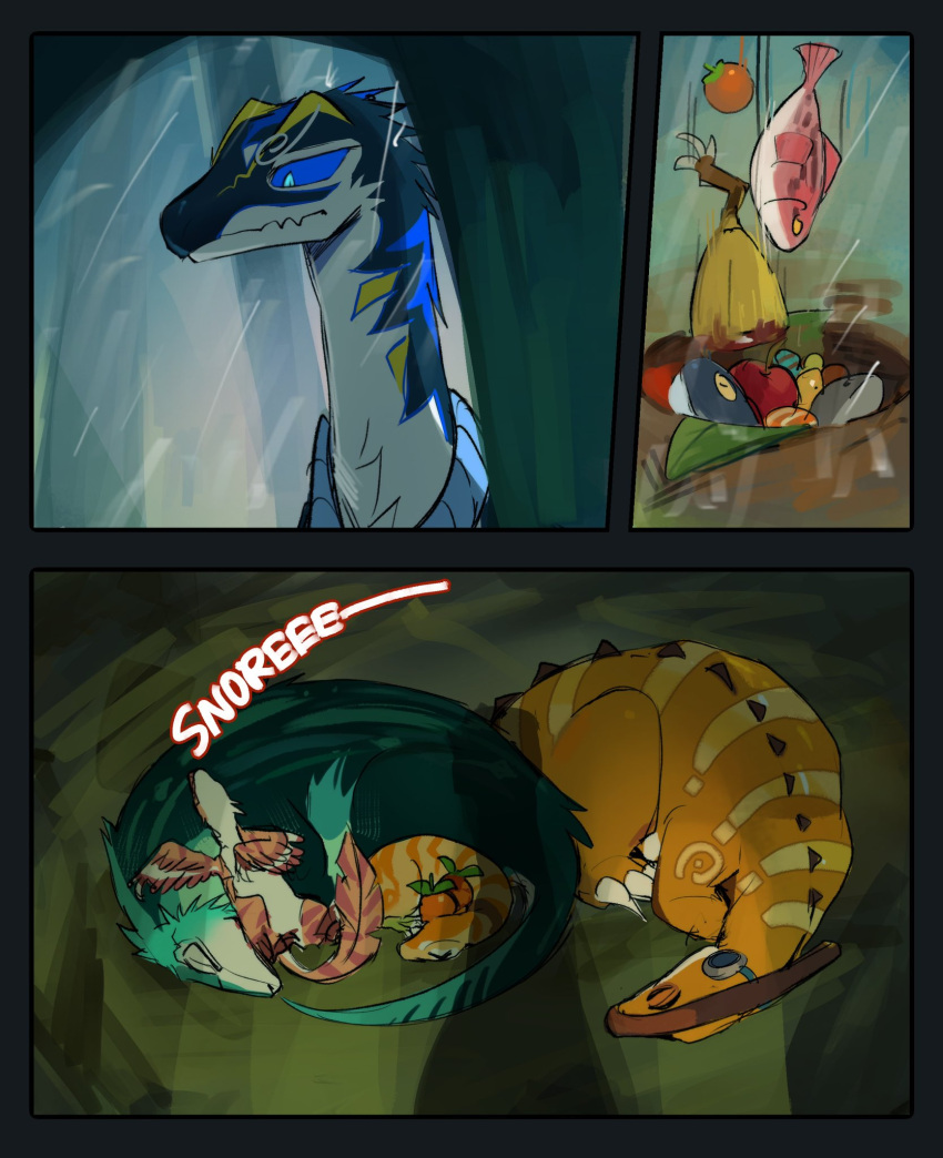 1girl, 4boys, animalization, blue_sclera, closed_eyes, closed_mouth, coelophysis, colored_sclera
