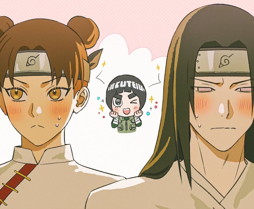 1girl, 2boys, bandaged_wrist, bandages, black_hair, black_headband, blush, bodysuit