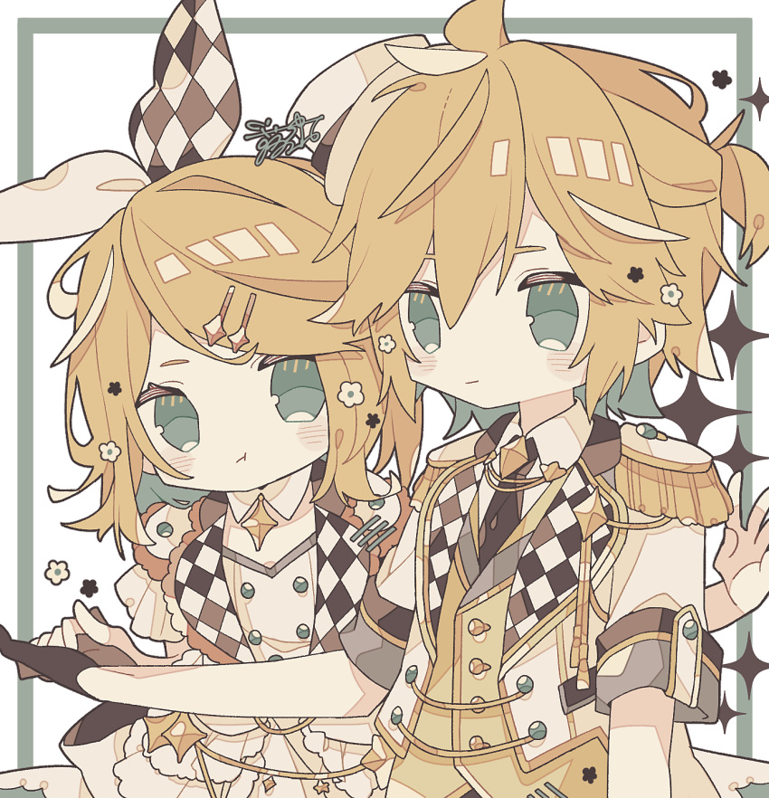 1boy, 1girl, :t, black_gloves, black_necktie, blonde_hair, blush, checkered_clothes