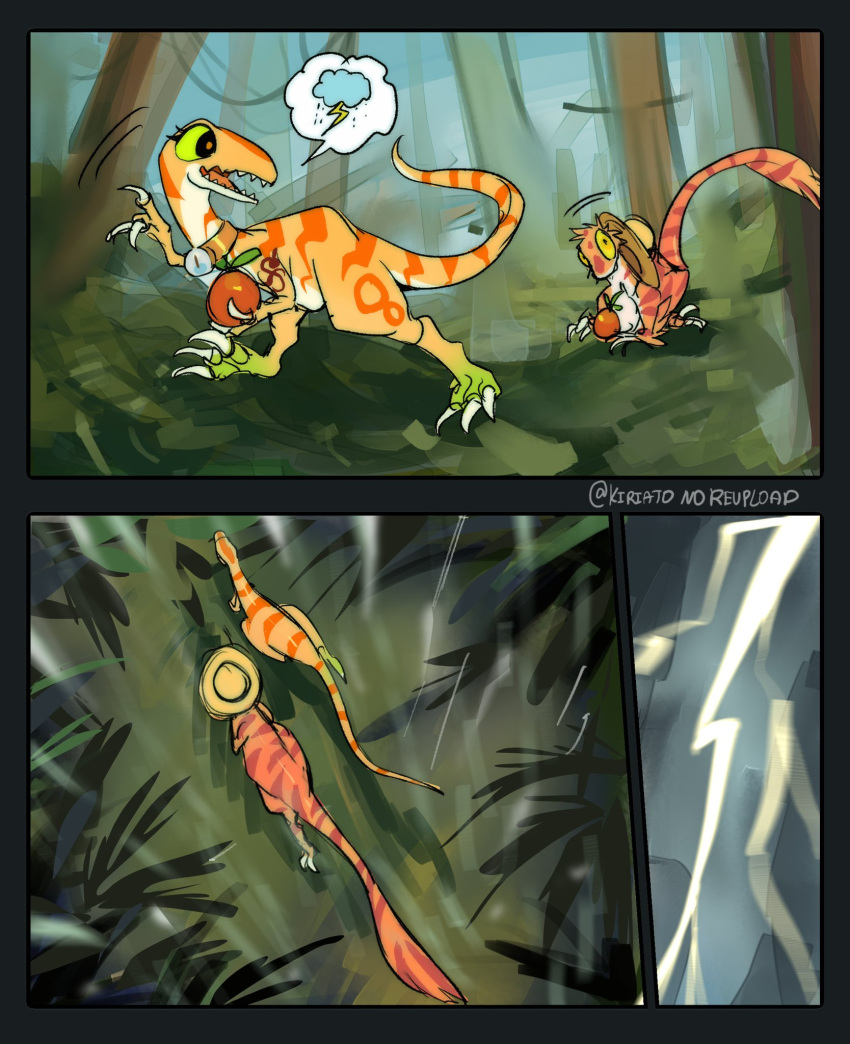1boy, 1girl, animalization, choker, coelophysis, colored_sclera, commentary, compass